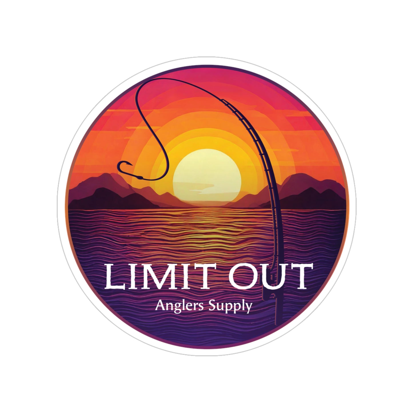 Round Fishing Sticker — “LIMIT OUT” Sunset Angler Outdoor Decal